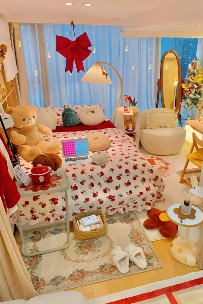 Holiday-themed bedroom with red bow decor, teddy bears, fairy lights, and festive floral bedding.