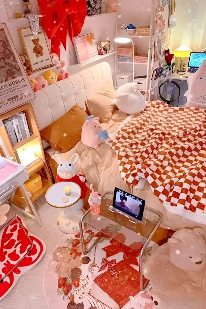 Warm cozy bedroom with checkered blanket, plush toys, and playful red-themed decor.