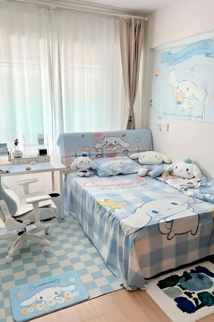 Cozy Cinnamoroll-themed bedroom with matching bedding, plush toys, a blue checkered rug, white workspace desk, and curtains for a bright, airy feel.