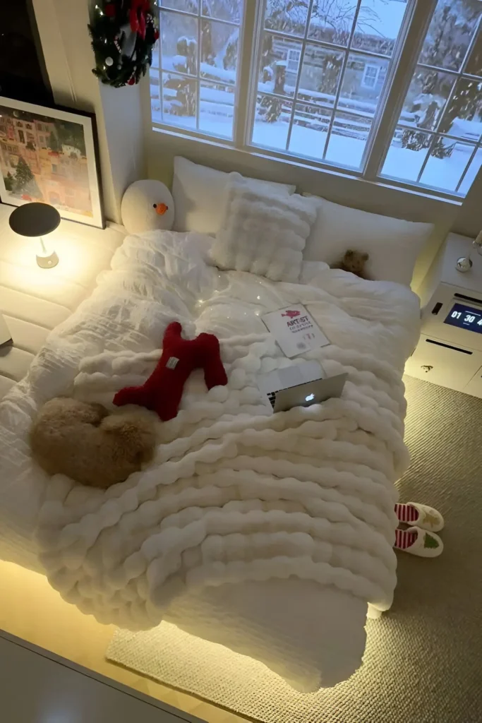 Cozy winter-themed bedroom with a chunky knit blanket, festive decor, soft pillows, and a large window overlooking a snowy outdoor scene.