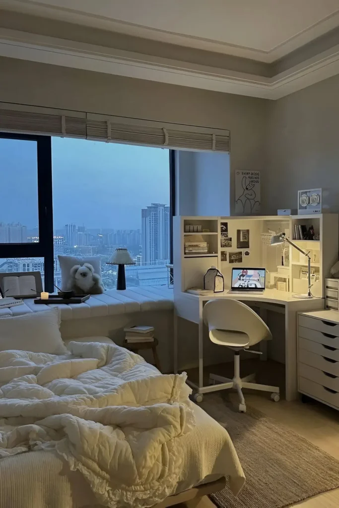 A modern small bedroom with a cozy white bed, built-in window bench, and a corner workspace with shelves, a laptop, and an adjustable lamp. The large window offers a beautiful view of the city skyline.