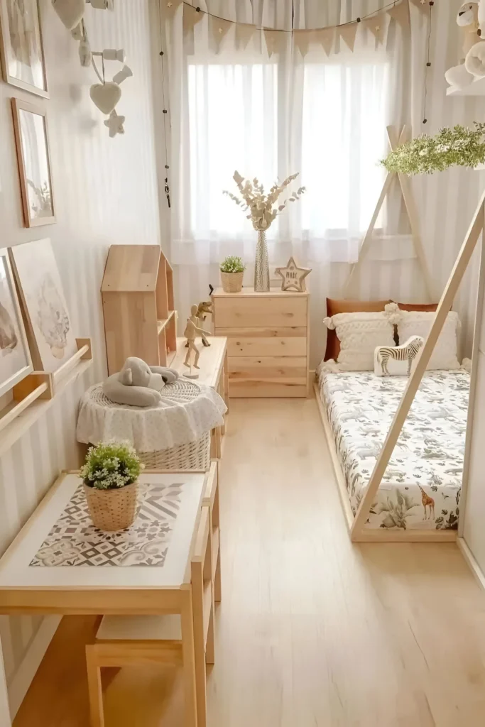 Scandinavian-style small bedroom with light wood furniture, soft neutral decor, plants, a cozy bed with patterned bedding, and natural light filtering through sheer curtains.