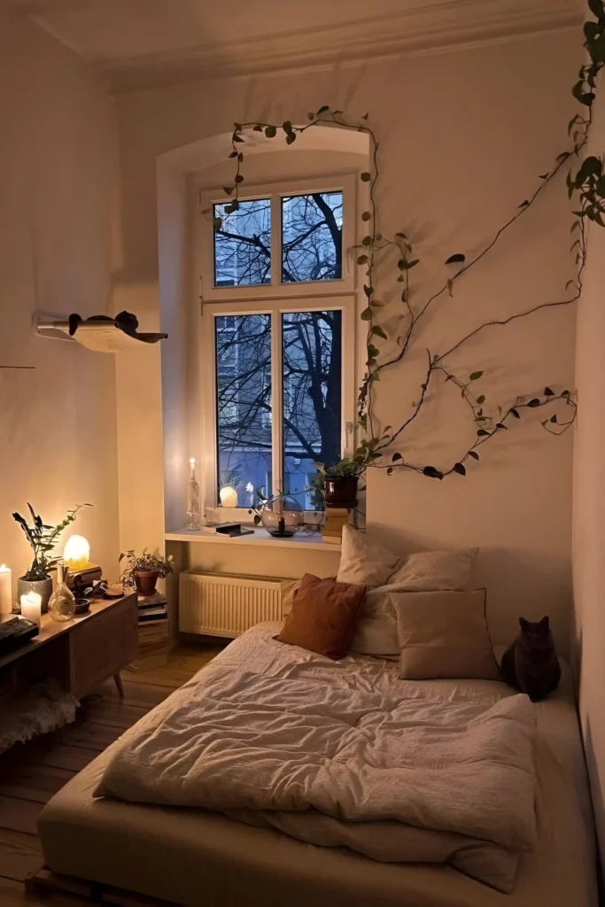 Small bedroom with beige bedding, warm lighting, climbing plants on the wall, wooden decor, and a large window with a peaceful evening view.