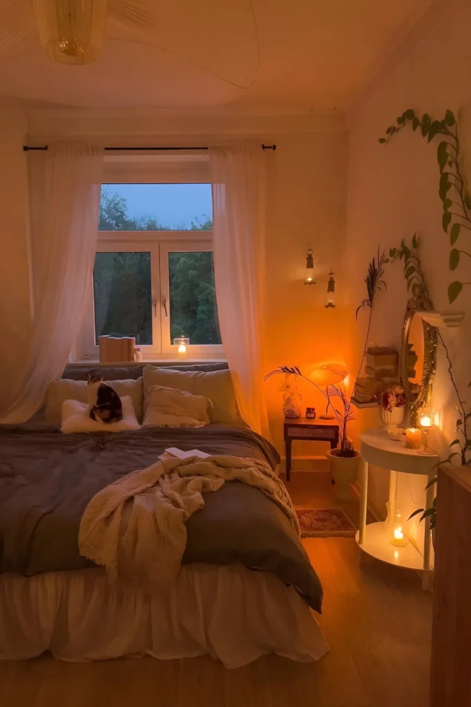 Warm-toned bedroom with soft lighting, sheer curtains, cozy bedding, candles, potted plants, and a vintage mirror for a serene and inviting atmosphere.