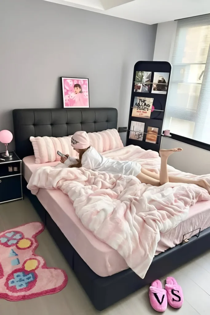 Modern bedroom with black tufted headboard, soft pink bedding, playful decor, wall art, and cozy ambiance.