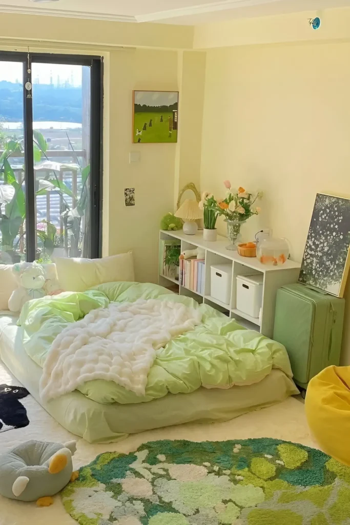 Sunlit bedroom with green bedding, a colorful rug, floral decor, and balcony plants, creating a fresh, nature-inspired space.