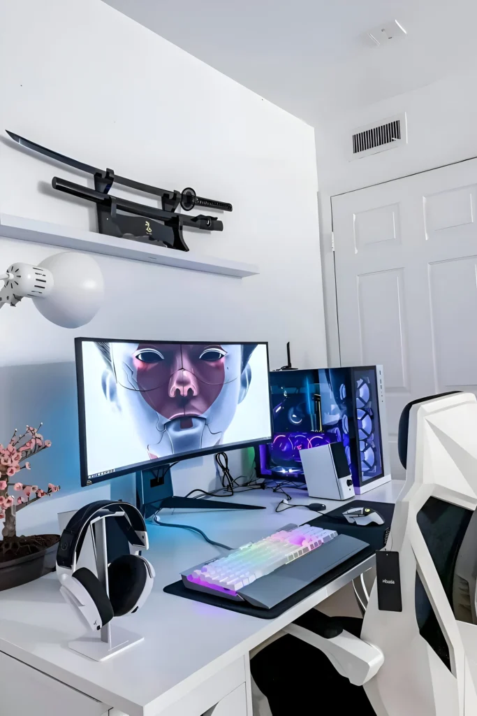 A sleek white desk setup featuring an ultrawide monitor displaying futuristic art, a custom RGB keyboard, a minimalist headphone stand, and a white gaming PC with illuminated components, complemented by a katana display on the wall.