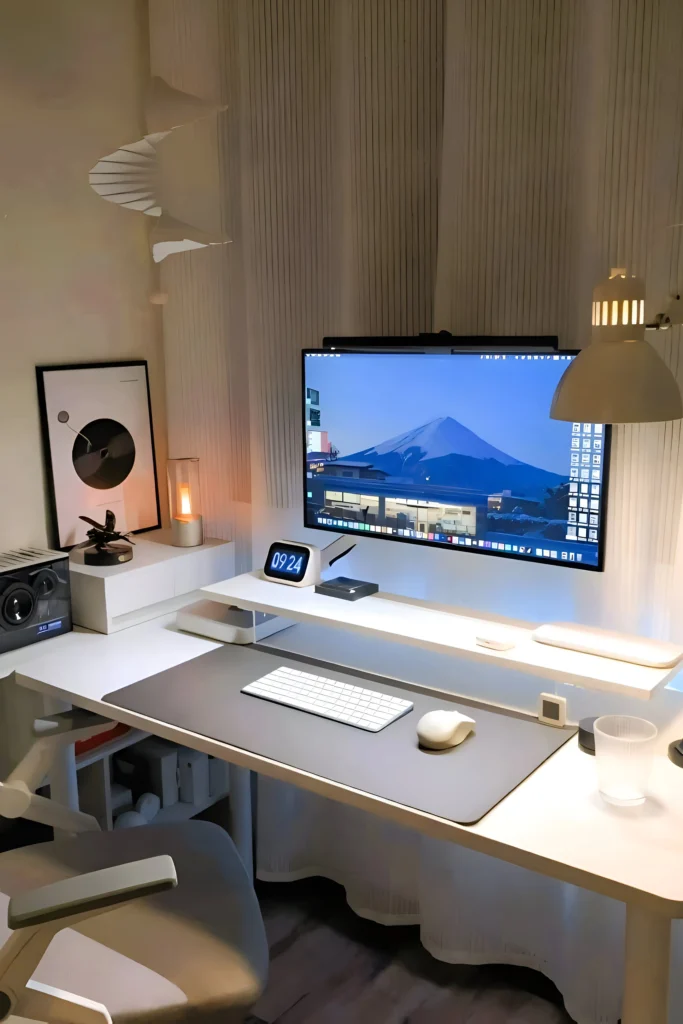 Minimalist white desk setup featuring an elevated monitor stand, soft ambient lighting, a sleek keyboard and mouse, framed artwork, and modern decor accents for an elegant workspace.