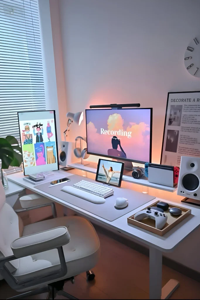 Multi-screen white desk setup with a vertical monitor, central display, Nintendo Switch, tablet, wireless headphones, and organized accessories, designed for creative work and entertainment.