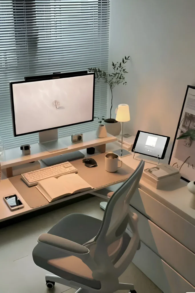 Cozy white desk setup with a raised monitor stand, soft lighting, greenery, an open book, a tablet stand, and minimalist decor, designed for reading and relaxation.