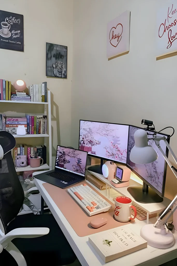 Charming white desk setup with pink accents, dual monitors, a laptop, a pink-themed keyboard and mouse, a bookshelf, and personalized decor for a cozy and creative workspace.