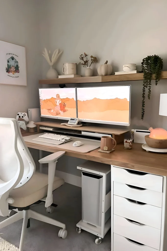 Warm white desk setup featuring a wooden desktop, dual monitors, natural decor accents, an ergonomic chair, and cozy accessories like a lamp and mug for a productive workspace.