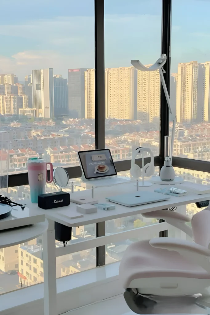 Minimalist white desk setup with a cityscape view, featuring a tablet, wireless headphones, modern task lamp, pastel accents, and neatly organized workspace accessories.