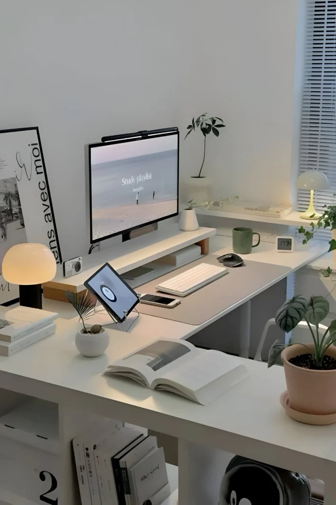 Serene white desk setup with a raised monitor stand, tablet, open book, soft lighting, minimal greenery, and clean decor for a tranquil and productive workspace.