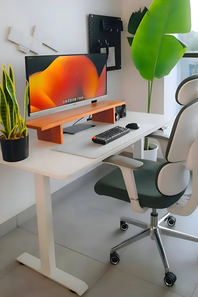 Modern white desk setup featuring a wooden monitor stand, ergonomic chair, potted plants, and a sleek keyboard, combining functionality with vibrant greenery.