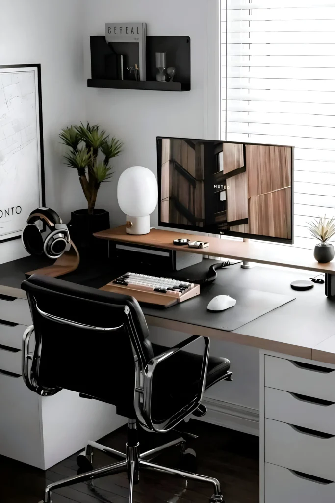 Sophisticated black and white desk setup with a dark surface, wooden monitor stand, leather chair, modern lamp, and minimalist decor for a professional and stylish workspace.