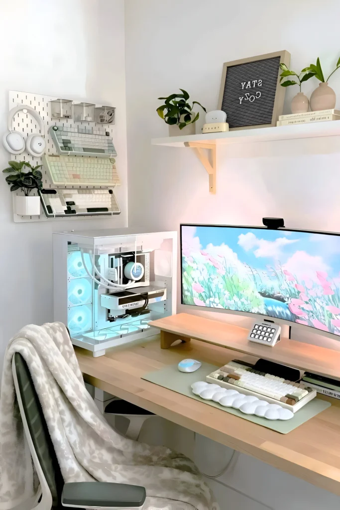 Cozy white desk setup featuring a curved monitor, pastel custom keyboard and mouse, pegboard organizer, floating shelf with plants, and an illuminated PC case.