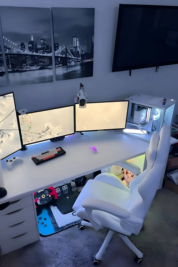 Triple-monitor white desk gaming setup with RGB custom keyboard, gaming mouse, ergonomic chair, illuminated PC case, and a racing wheel accessory, creating an immersive gaming environment.