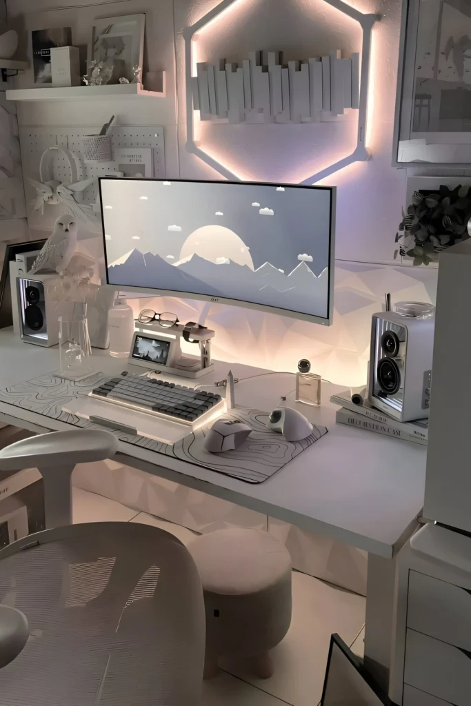 Futuristic all-white desk setup with a curved monitor, custom mechanical keyboard, ambient lighting, functional decor, and geometric shelving for a modern workspace.