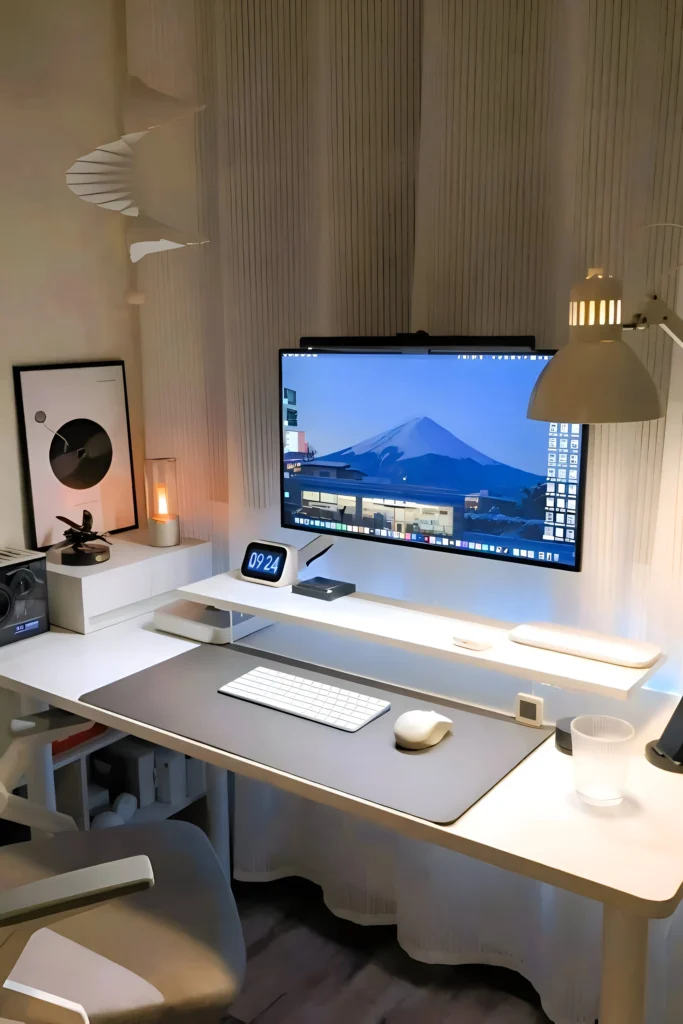 Minimalist white desk setup with an elevated monitor stand, wireless keyboard and mouse, soft lighting, and subtle decor for a clean and calming workspace.