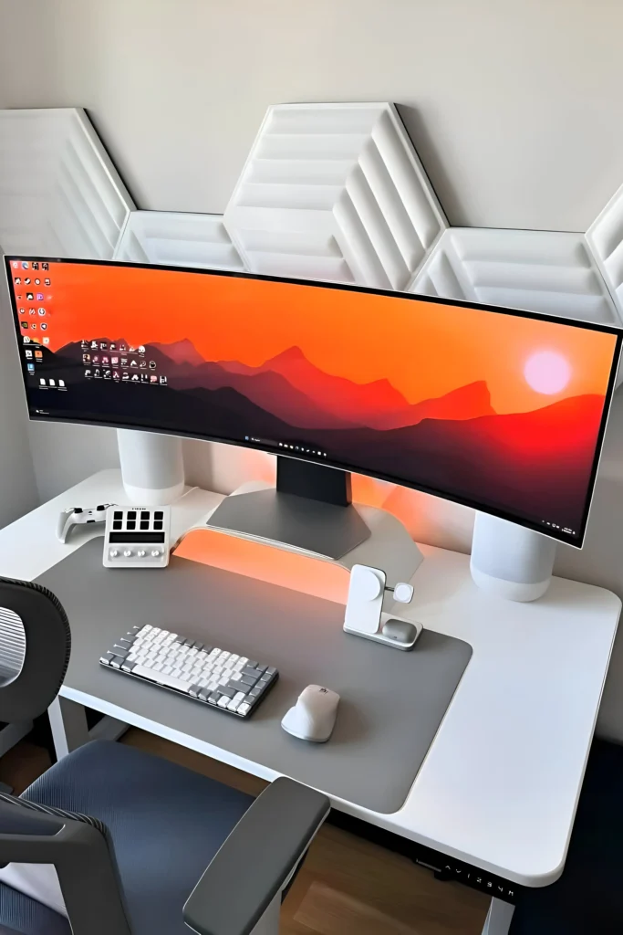 Ultrawide monitor desk setup with hexagonal acoustic panels, custom keyboard, wireless charging dock, and warm ambient lighting on a white desk.