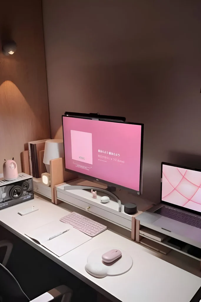 Minimalist desk setup with blush-pink accents, an elevated monitor and laptop, soft lighting, and tidy organization for a cozy workspace.