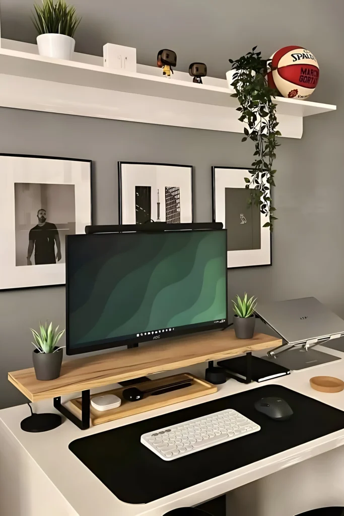 Modern desk setup with a wooden monitor riser, laptop stand, framed artwork, plants, and personal decor for a functional and stylish workspace.