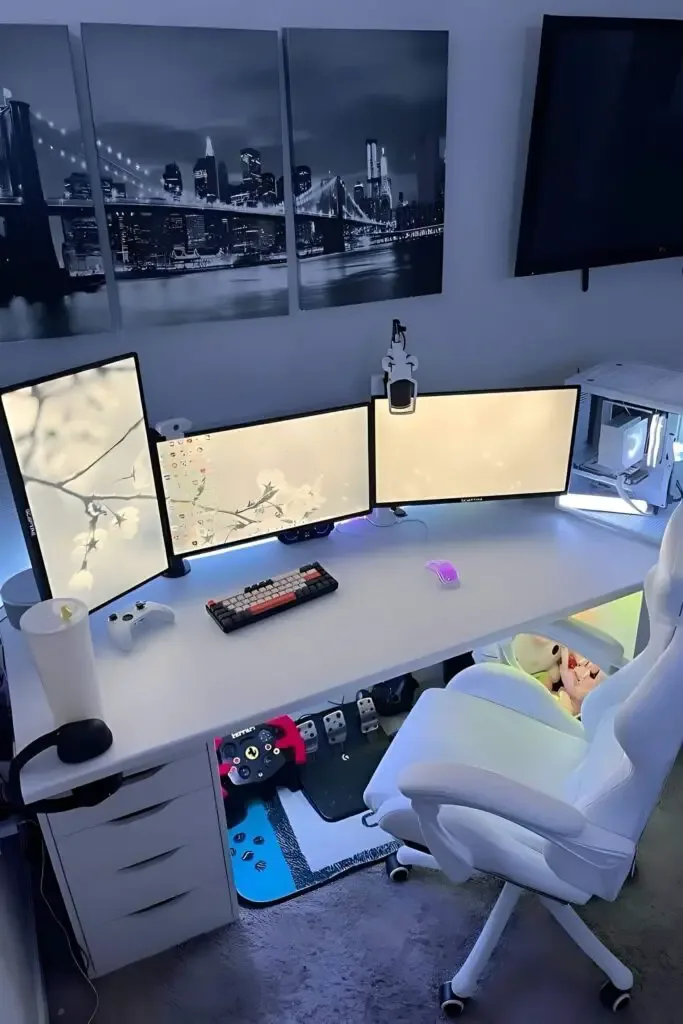 Triple-monitor gaming desk setup with RGB custom keyboard, white gaming chair, illuminated PC case, and a racing wheel with pedals for immersive gaming.