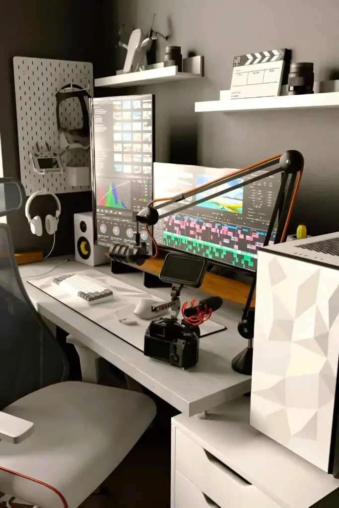 Content creator’s desk setup with dual monitors, microphone arm, DSLR camera, pegboard organizer, and shelves holding equipment like drones and headphones.