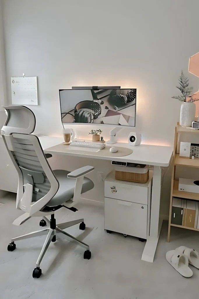 Minimalist desk setup with an ergonomic chair, adjustable monitor, soft lighting, and neutral decor for a clean and modern workspace.