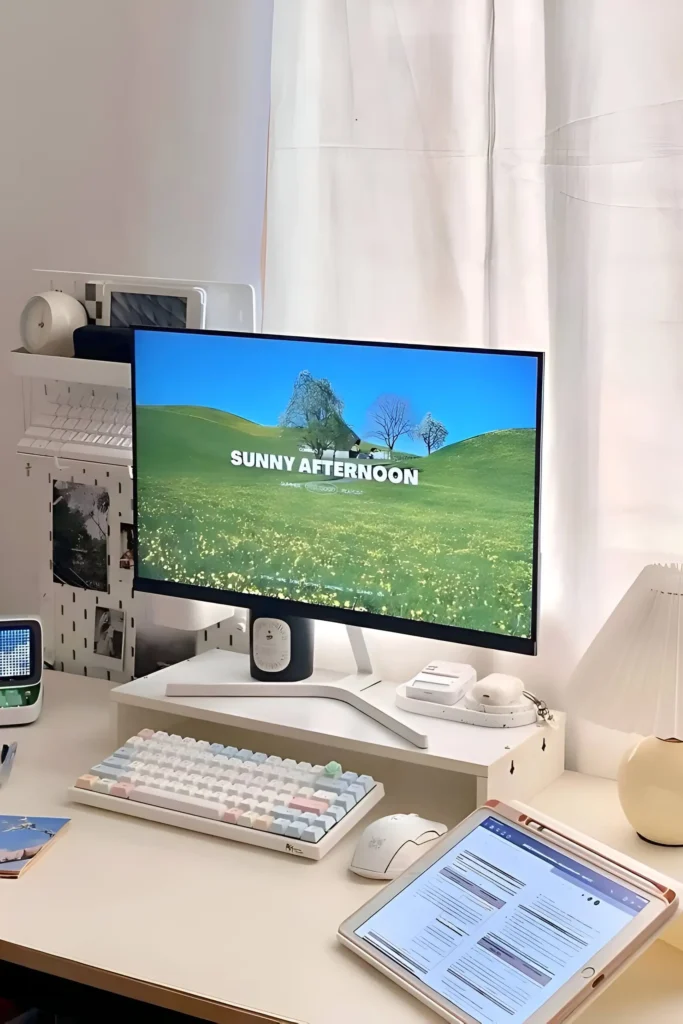 Bright and cheerful desk setup with a white monitor stand, pastel mechanical keyboard, tablet, and natural lighting for an airy and organized workspace.