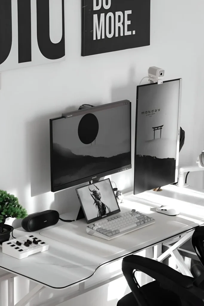 Monochromatic desk setup with dual monitors, a mechanical keyboard, compact bonsai plant, and minimalistic decor for a clean and modern workspace.