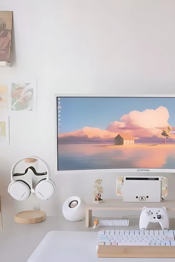 Cute and minimal desk setup with a curved monitor, pastel accents, bear-themed decor, and a sleek headphone stand for a charming and functional workspace.