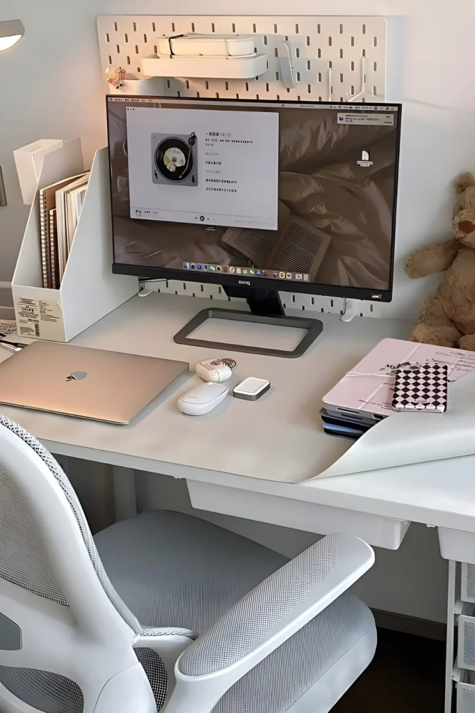 Cozy workstation with a sleek monitor, laptop, pegboard organizer, soft lighting, and a teddy bear for a personal and inviting touch.