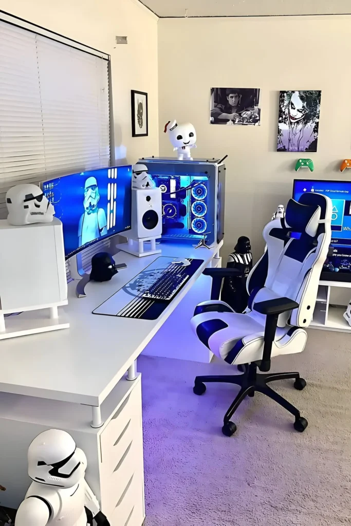 A Star Wars-themed gaming setup featuring a white desk with dual monitors, a custom gaming PC with blue LED lighting, and themed decor, including Stormtrooper helmets and figures, complemented by a matching gaming chair for an immersive experience.