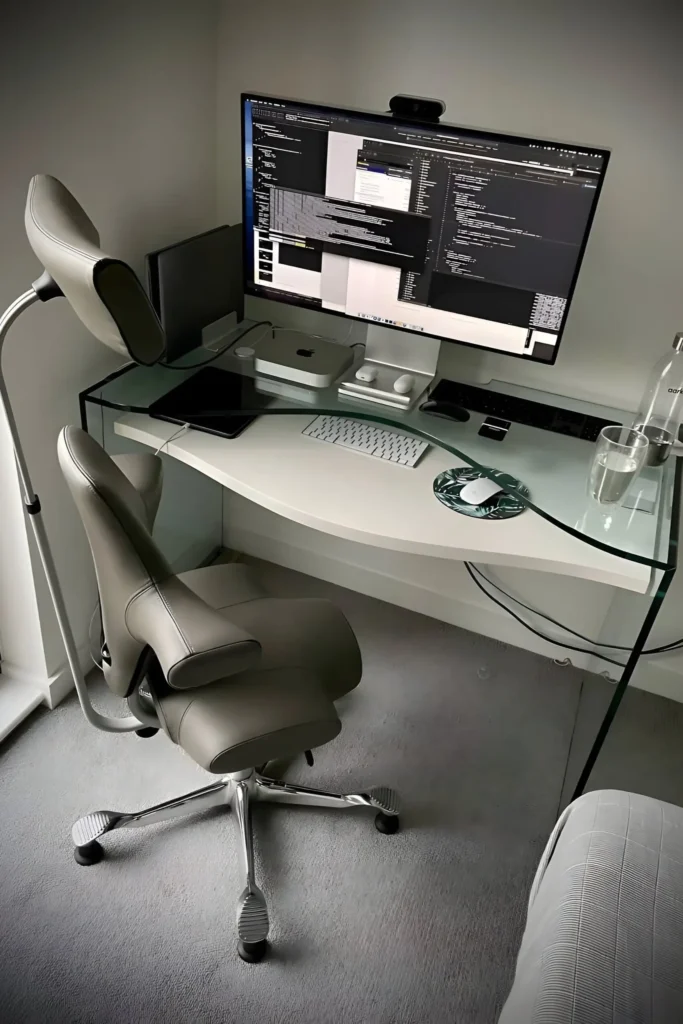 A futuristic glass desk setup featuring a curved desk, sleek monitor, ergonomic chair, and minimalist tech accessories, designed for coding and productivity.