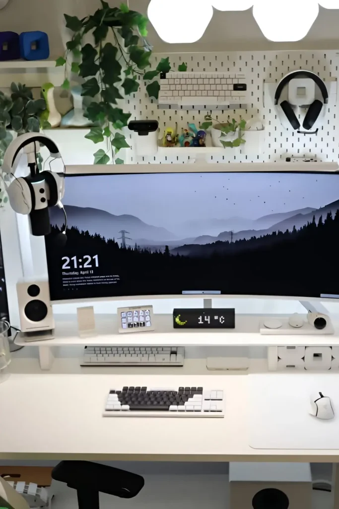 A modern desk setup featuring an ultra-wide monitor, mechanical keyboard, vibrant green decor, pegboard for accessories, and ambient lighting.