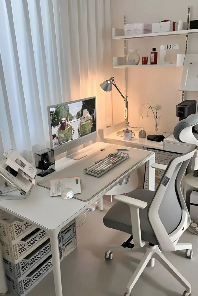 A modern workspace with a large monitor, ergonomic chair, organized shelves, storage crates, and a mechanical keyboard, complemented by soft lighting from a desk lamp.