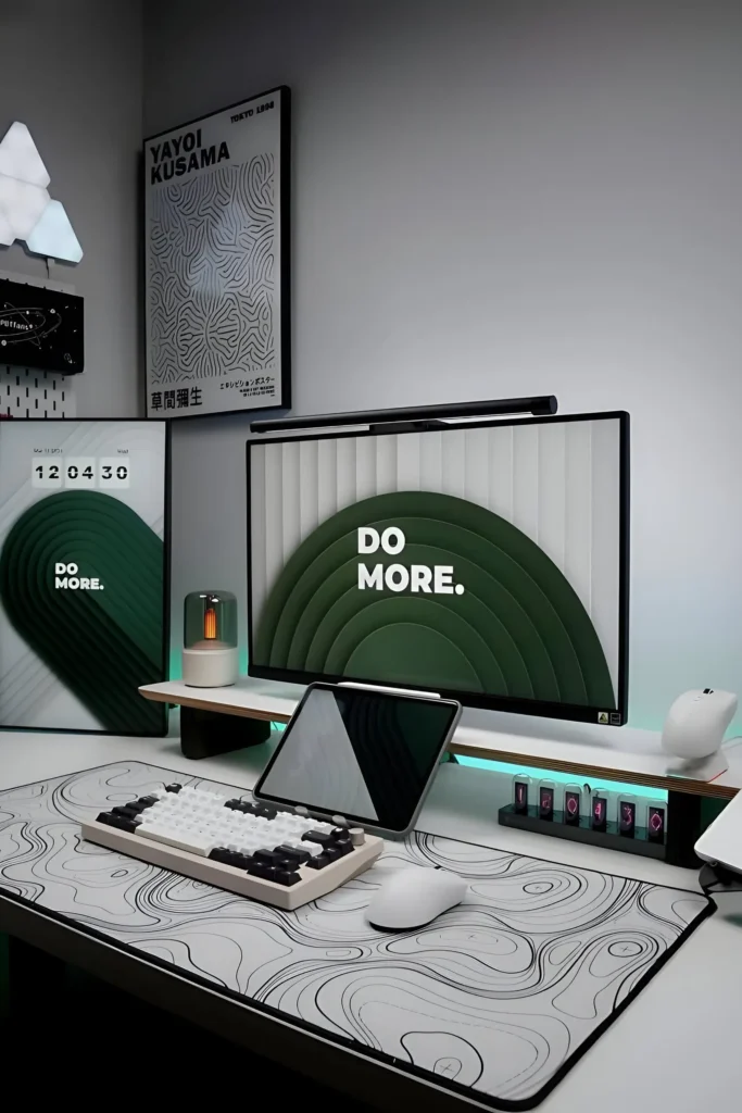 A minimalist desk setup with a monitor displaying "Do More," mechanical keyboard, green accents, ambient lighting, and wall art for a stylish and functional workspace.