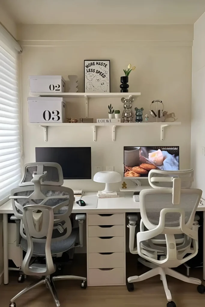 Dual white desk workspace with ergonomic chairs, floating shelves, decorative items, and plants for a functional and stylish shared setup.