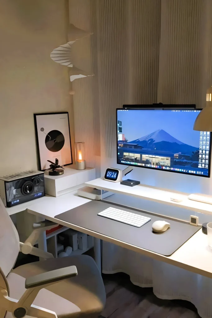 Minimalist white desk setup with raised monitor, ambient lighting, modern keyboard, and curated artwork for an elegant workspace.