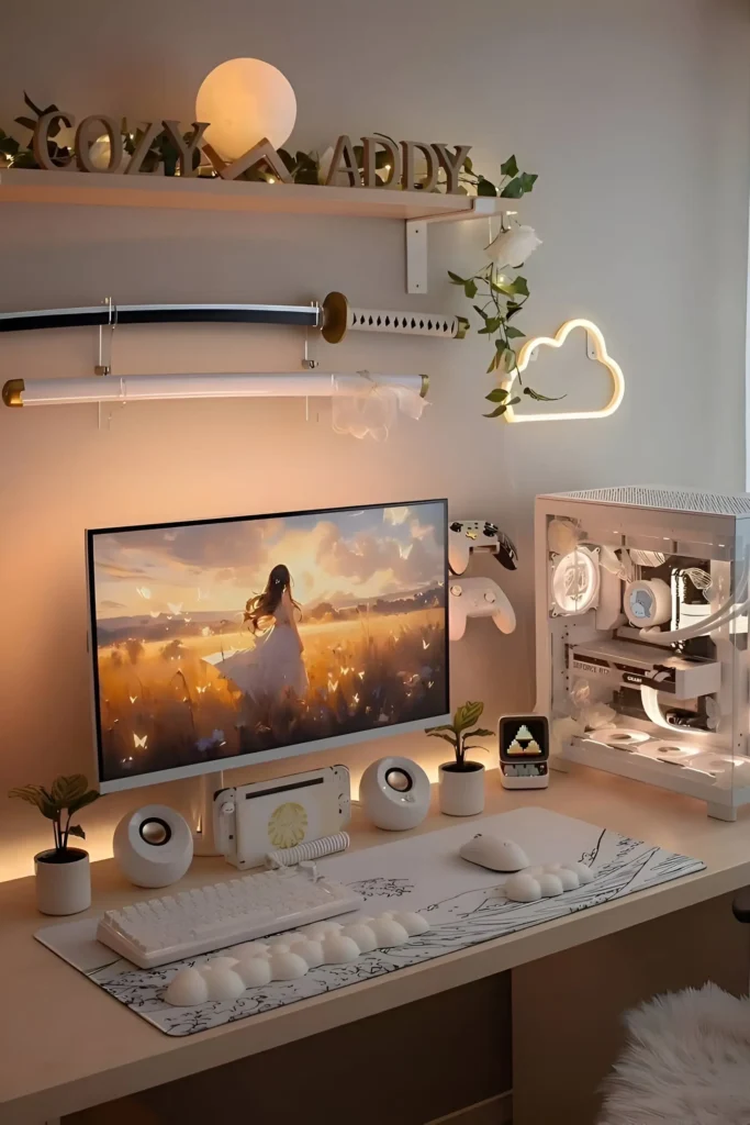 Cozy white desk setup with ambient lighting, decorative ivy, a glowing cloud light, and a serene digital landscape on the monitor.