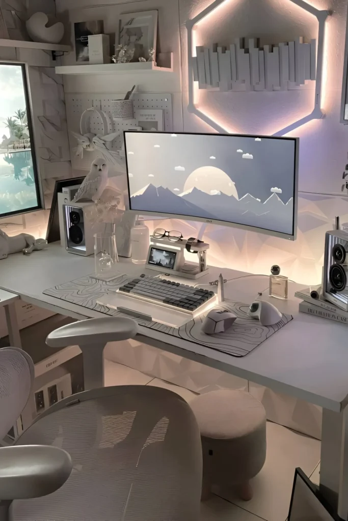 Sleek white desk setup with a curved monitor, ambient backlighting, geometric patterns, and elegant decor elements including an owl figurine and a sculptural chair.