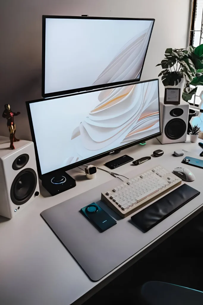 Dual-monitor desk setup featuring white studio speakers, mechanical keyboard with wrist rest, and modern decor elements like a potted plant and a collectible figure.