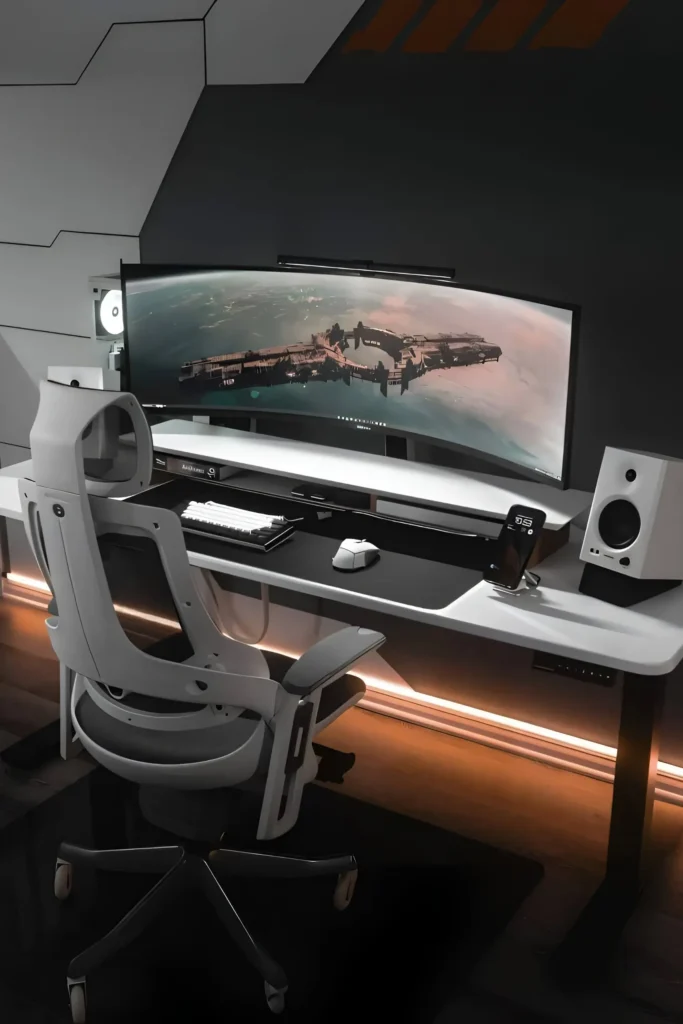 Ultra-wide curved monitor desk setup with high-fidelity speakers, ergonomic chair, and ambient lighting in a sleek black-and-white theme.