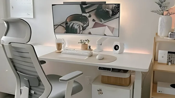 Minimalist desk setup with an ergonomic chair, adjustable monitor, soft lighting, and neutral decor for a clean and modern workspace.