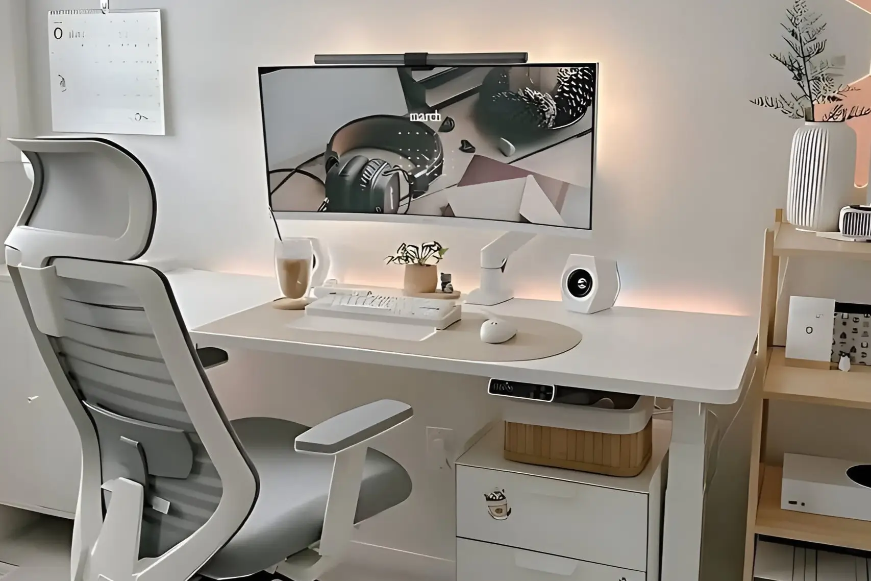 Minimalist desk setup with an ergonomic chair, adjustable monitor, soft lighting, and neutral decor for a clean and modern workspace.