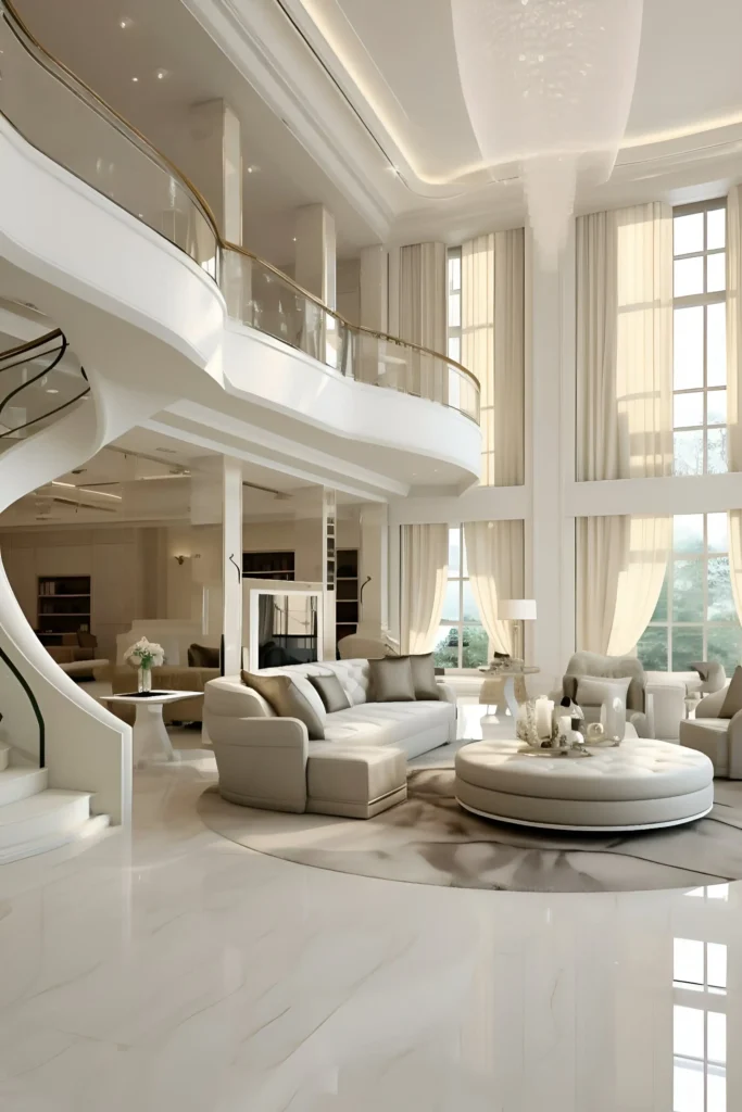 Elegant white living room with high ceilings, large windows, a curved sofa, a tufted ottoman, and a modern floating staircase.