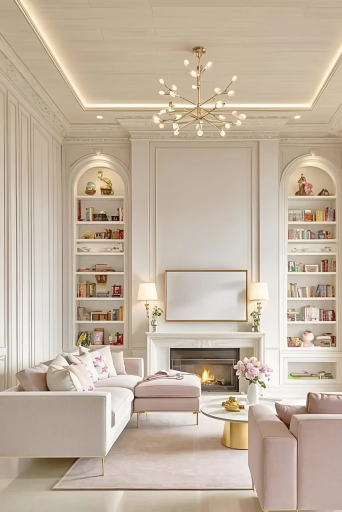 Elegant white living room featuring arched built-in shelves, a fireplace, blush sofas with gold accents, and a modern chandelier.