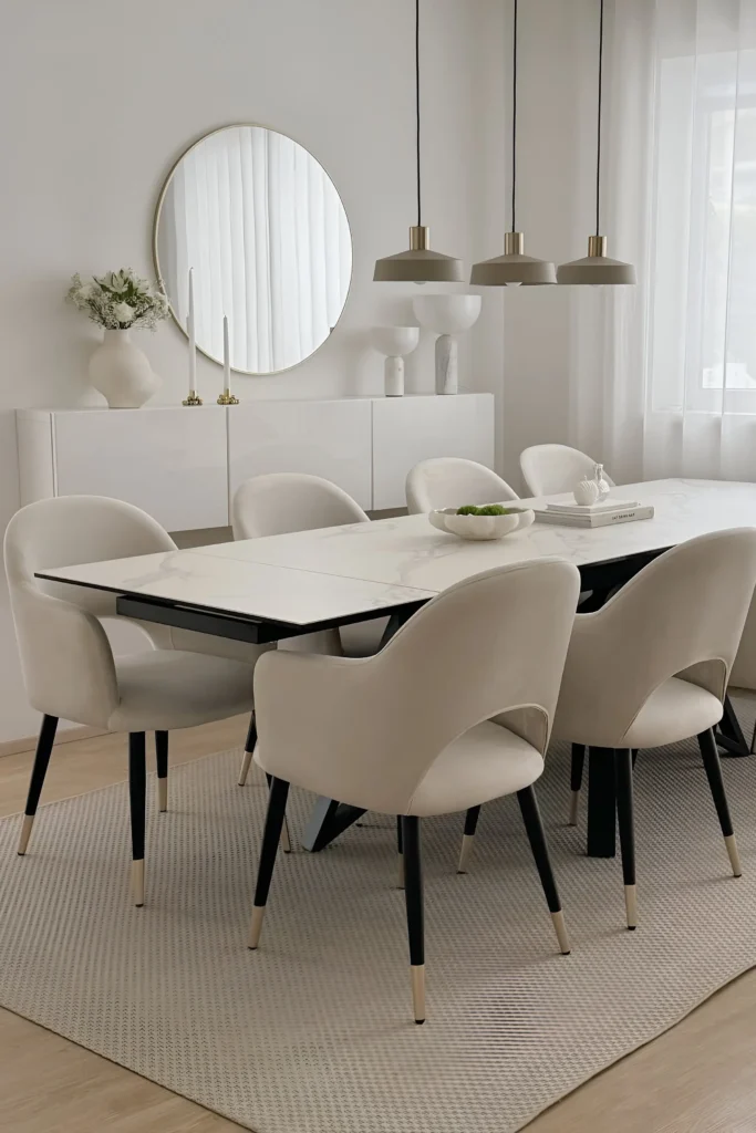 Minimalist white dining room with a marble table, white chairs, circular mirror, pendant lights, and sheer curtains.